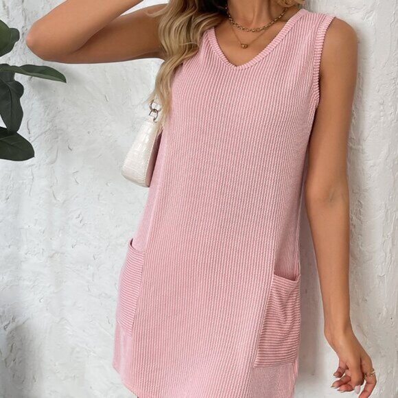 Women's pullover vest solid color pocket dress - Picture 5 of 6